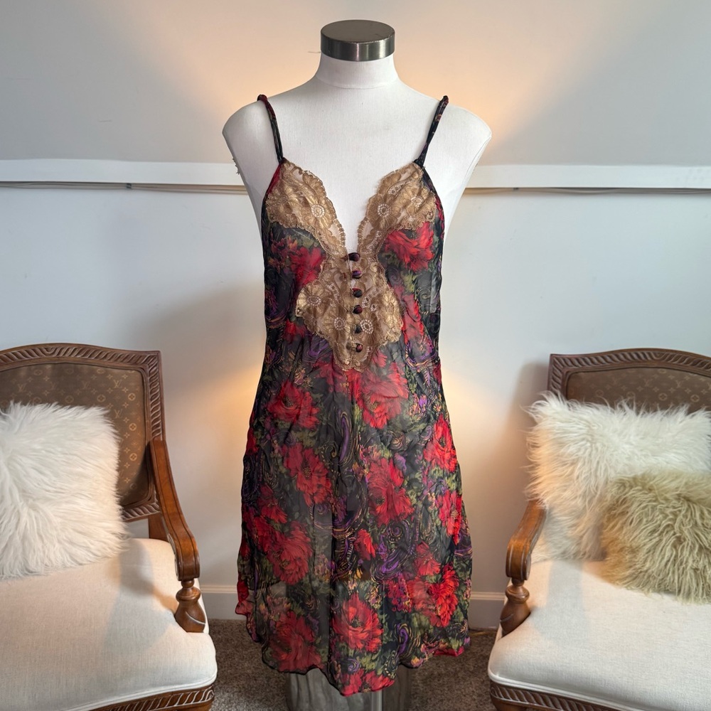 Vintage 90s Fairy Grunge Boho Floral Lace Trim Chemise Slip Dress, Jessica Lynn